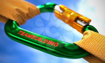 Strong Connection between Green Carabiner and Two Orange Ropes Symbolizing the Teambuilding. Selective Focus. 3D Render.