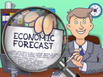 Economic Forecast. Man Showing a Paper with Concept through Lens. Multicolor Doodle Illustration.