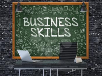 Business Skills - Handwritten Inscription by Chalk on Green Chalkboard with Doodle Icons Around. Business Concept in the Interior of a Modern Office on the Dark Brick Wall Background. 3D.