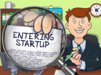 Business Man in Suit Holds Out a Paper with Inscription Entering Startup Concept through Magnifying Glass. Closeup View. Colored Doodle Style Illustration.