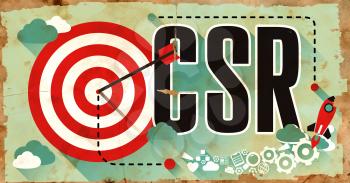 CSR - Corporate Social Responsibility Concept on Old Poster in Flat Design with Red Target, Rocket and Arrow. Business Concept.