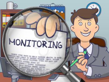 Monitoring. Text on Paper in Businessman's Hand through Magnifying Glass. Colored Doodle Style Illustration.