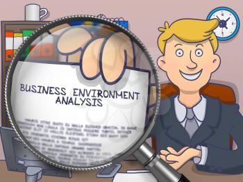 Officeman Showing Paper with Inscription Business Environment Analysis. Closeup View through Magnifying Glass. Colored Modern Line Illustration in Doodle Style.