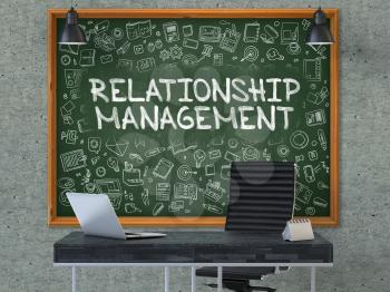 Relationship Management - Hand Drawn on Green Chalkboard in Modern Office Workplace. Illustration with Doodle Design Elements. 3D.