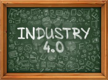Industry 4.0 - Hand Drawn on Green Chalkboard with Doodle Icons Around. Modern Illustration with Doodle Design Style.