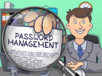 Password Management through Magnifying Glass. Officeman Showing Paper with Concept. Closeup View. Multicolor Doodle Style Illustration.