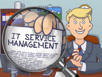 Officeman in Suit Showing a Text on Paper IT Service Management Concept through Magnifying Glass. Closeup View. Multicolor Doodle Illustration.