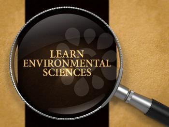 Learn Environmental Sciences Concept through Magnifier on Old Paper with Black Vertical Line Background. 3D Render.