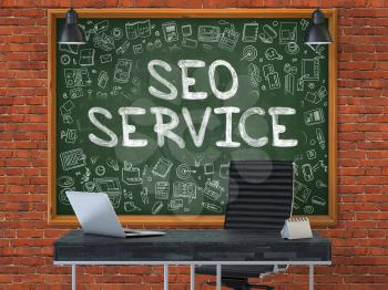 SEO - Search Engine Optimization - Service - Hand Drawn on Green Chalkboard in Modern Office Workplace. Illustration with Doodle Design Elements. 3D.