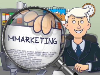 Businessman Holds Out a Text on Paper Mmarketing. Closeup View through Lens. Multicolor Doodle Style Illustration.