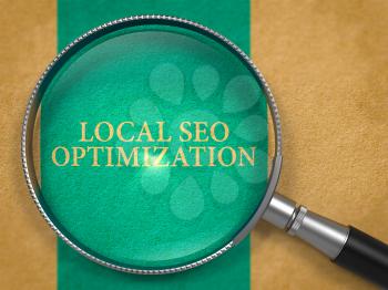Local SEO Optimization through Magnifying Glass on Old Paper with Dark Blue Vertical Line Background. 3D Render.