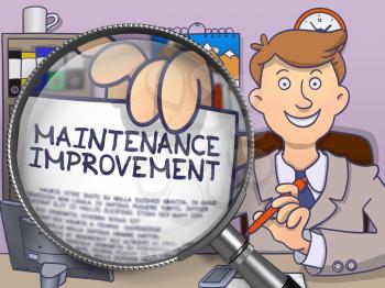 Maintenance Improvement. Officeman Holds Out a Paper with Text through Magnifying Glass. Multicolor Doodle Illustration.