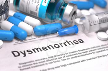 Dysmenorrhea - Printed Diagnosis with Blurred Text. On Background of Medicaments Composition - Blue Pills, Injections and Syringe. 3D Render.