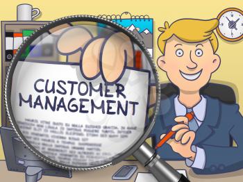 Customer Management on Paper in Businessman's Hand to Illustrate a Business Concept. Closeup View through Magnifying Glass. Colored Doodle Illustration.