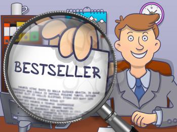 Bestseller. Concept on Paper in Business Man's Hand through Magnifying Glass. Multicolor Doodle Illustration.
