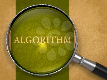 Algorithm through Magnifying Glass on Old Paper with Dark Green Vertical Line Background. 3D Render.