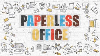 Paperless Office Concept. Modern Line Style Illustration. Multicolor Paperless Office Drawn on White Brick Wall. Doodle Icons. Doodle Design Style of  Paperless Office  Concept.