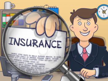 Insurance. Officeman Showing Paper with Text through Magnifying Glass. Colored Doodle Illustration.