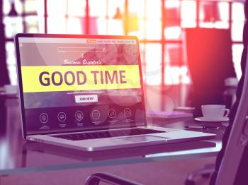 Good Time Concept Closeup on Laptop Screen in Modern Office Workplace. Toned Image with Selective Focus. 3D Render.