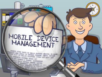 Mobile Device Management through Magnifying Glass. Business Man Shows Paper with Concept. Closeup View. Colored Modern Line Illustration in Doodle Style.
