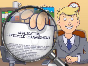 Application Lifecycle Management on Paper in Businessman's Hand through Lens to Illustrate a Business Concept. Colored Modern Line Illustration in Doodle Style.