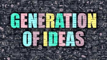 Generation of Ideas Concept. Modern Illustration. Multicolor Generation of Ideas Drawn on Dark Brick Wall. Doodle Icons. Doodle Style of  Generation of Ideas Concept. Generation of Ideas on Wall.