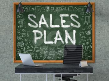 Sales Plan - Handwritten Inscription by Chalk on Green Chalkboard with Doodle Icons Around. Business Concept in the Interior of a Modern Office on the Gray Concrete Wall Background. 3D.