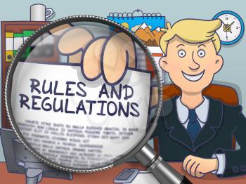 Man in Office Showing a Paper with Concept Rules and Regulations. Closeup View through Lens. Colored Modern Line Illustration in Doodle Style.