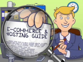 E-Commerce and Hosting Guide through Magnifying Glass. Officeman Holds Out a Paper with Text. Closeup View. Colored Modern Line Illustration in Doodle Style.