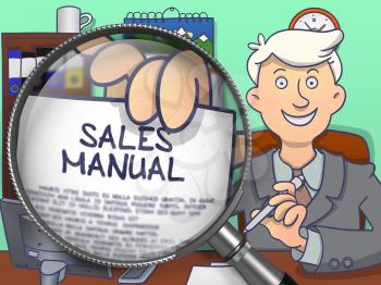 Business Man in Office Workplace Shows Paper with Inscription Sales Manual. Closeup View through Magnifying Glass. Colored Doodle Style Illustration.