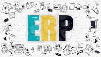 ERP - Enterprise Resource Planning. Multicolor Inscription on White Brick Wall with Doodle Icons Around. ERP Concept. Modern Style Illustration with Doodle Design Icons. ERP on Background.