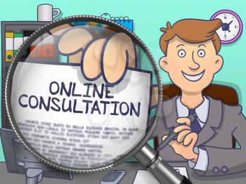 Online Consultation through Lens. Business Man Shows Paper with Text. Closeup View. Multicolor Doodle Illustration.