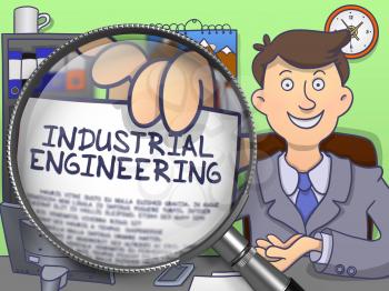 Industrial Engineering. Paper with Concept in Man's Hand through Lens. Multicolor Doodle Style Illustration.