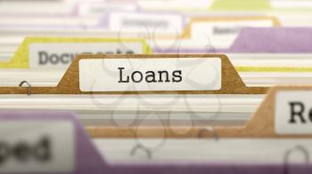 Loans Concept on File Label in Multicolor Card Index. Closeup View. Selective Focus. 3D Render.