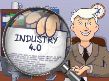 Industry 4.0 through Magnifying Glass. Business Man Holding a Text on Paper. Closeup View. Multicolor Modern Line Illustration in Doodle Style.