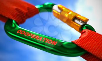 Red Ropes Connected by Green Carabiner Hook with Text Cooperation. Selective Focus. 3D Render.