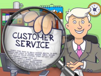 Customer Service. Businessman Shows Paper with Text through Magnifying Glass. Colored Doodle Style Illustration.