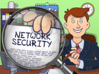 Officeman in Office Showing Paper with Text Network Security. Closeup View through Magnifier. Multicolor Doodle Style Illustration.