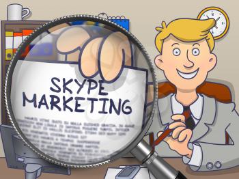 Skype Marketing. Officeman Sitting in Office and Showing a through Lens Paper with Text. Multicolor Modern Line Illustration in Doodle Style.