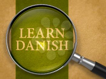 Learn Danish through Loupe on Old Paper with Dark Green Vertical Line Background. 3D Render.