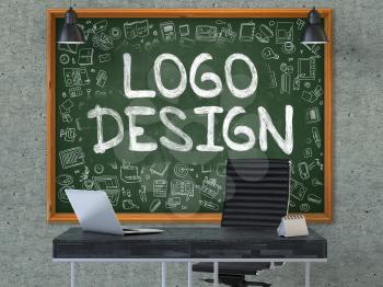 Green Chalkboard with the Text Logo Design Hangs on the Gray Concrete Wall in the Interior of a Modern Office. Illustration with Doodle Style Elements. 3D.