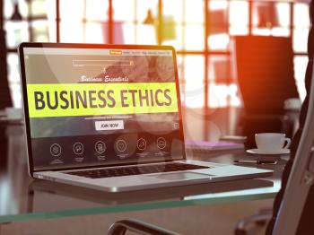 Business Ethics Concept. Closeup Landing Page on Laptop Screen  on background of Comfortable Working Place in Modern Office. Blurred, Toned Image. 3D Render.
