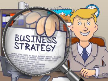 Business Strategy. Man Welcomes in Office and Showing through Lens Paper with Inscription. Multicolor Doodle Style Illustration.