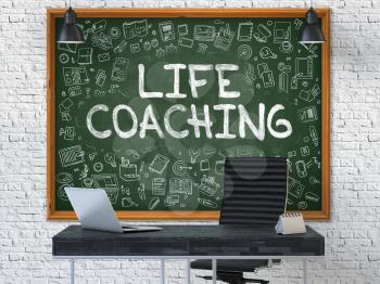 Hand Drawn Life Coaching on Green Chalkboard. Modern Office Interior. White Brick Wall Background. Business Concept with Doodle Style Elements. 3D.