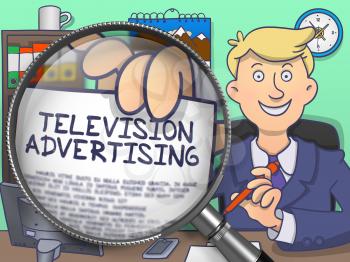 Business Man Sitting in Office and Shows Paper with Text Television Advertising. Closeup View through Magnifying Glass. Multicolor Modern Line Illustration in Doodle Style.