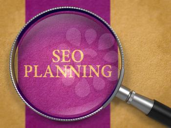 SEO - Search Engine Optimization - Planning through Magnifying Glass on Old Paper with Dark Lilac Vertical Line Background. 3D Render.