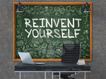 Hand Drawn Reinvent Yourself on Green Chalkboard. Modern Office Interior. Dark Old Concrete Wall Background. Business Concept with Doodle Style Elements. 3D.