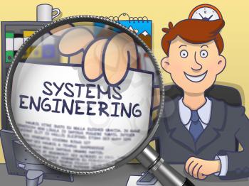 Systems Engineering. Young Man Welcomes in Office and Showing a Paper with Text through Lens. Colored Modern Line Illustration in Doodle Style.