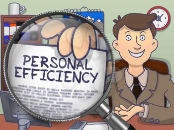 Personal Efficiency. Businessman Holding a Paper with Inscription through Magnifier. Multicolor Doodle Illustration.