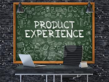 Green Chalkboard with the Text Product Experience Hangs on the Dark Brick Wall in the Interior of a Modern Office. Illustration with Doodle Style Elements. 3D.